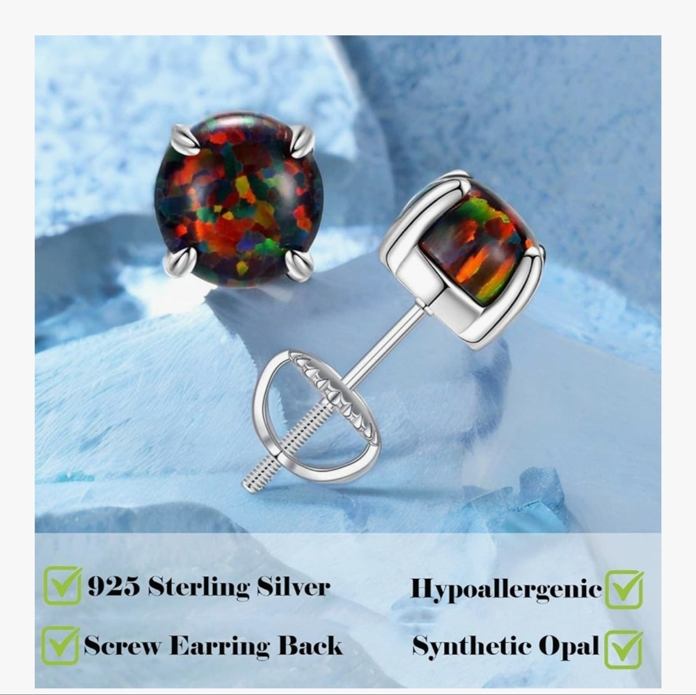 925Sterling Silver Genuine Ethiopian Fire Opalite 6mm Stud Earrings - Multicolor